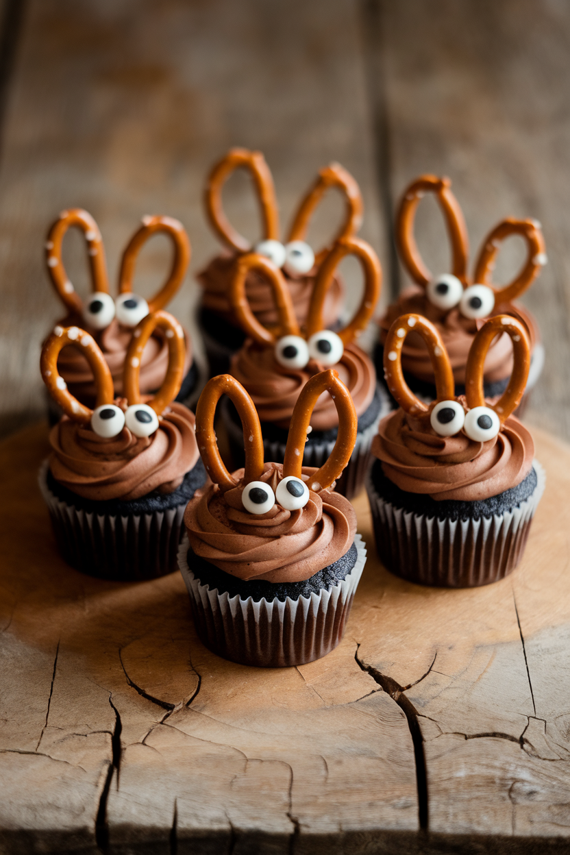 Photo of indoor pastry board showing cupcakes with chocolate frosting, pretzel stick antlers, and white candy pearl eyes, no text or logos.