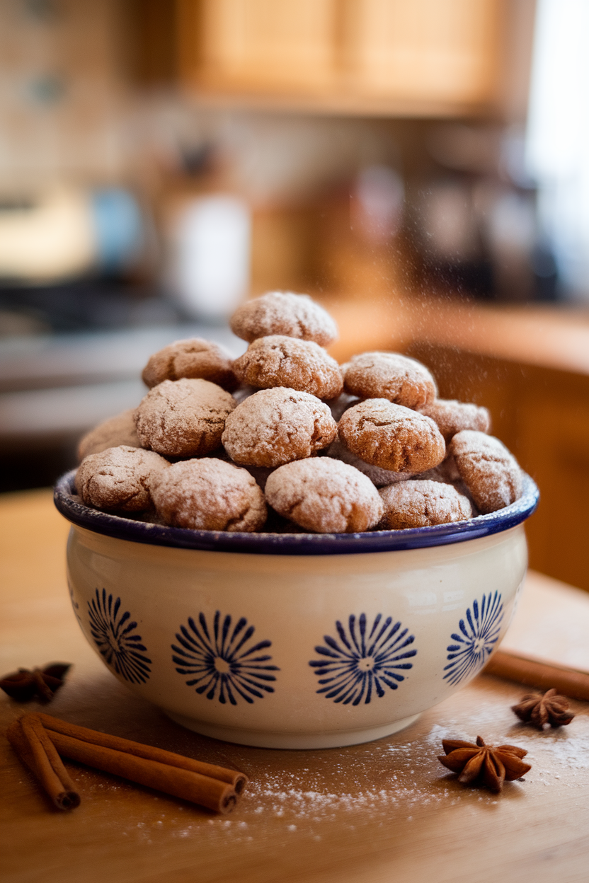 An indoor ceramic bowl piled high with small, round spiced cookies dusted with powdered sugar. Photo, no text or logos.
