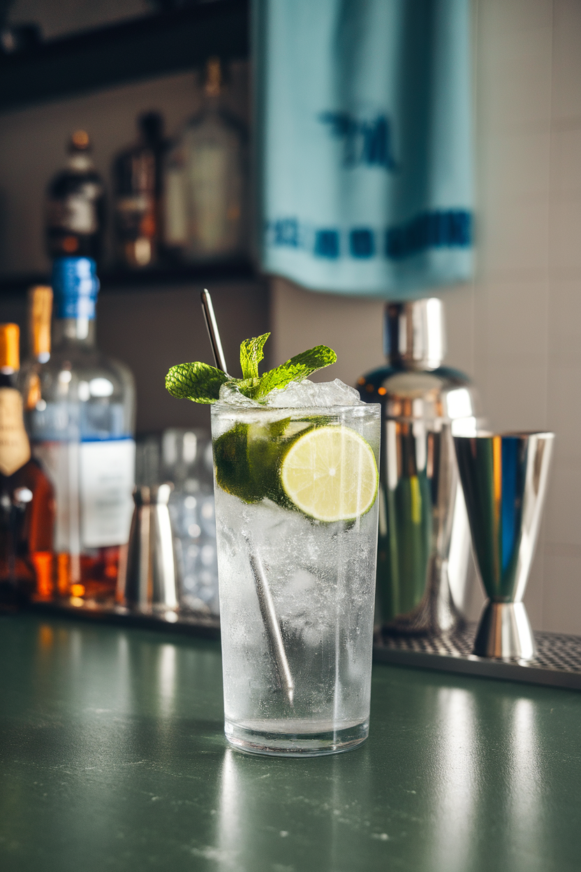 Indoor bar with a highball glass of clear soda, muddled mint and lime visible, crushed ice, silver swizzle stick. Photo, no text or logos.