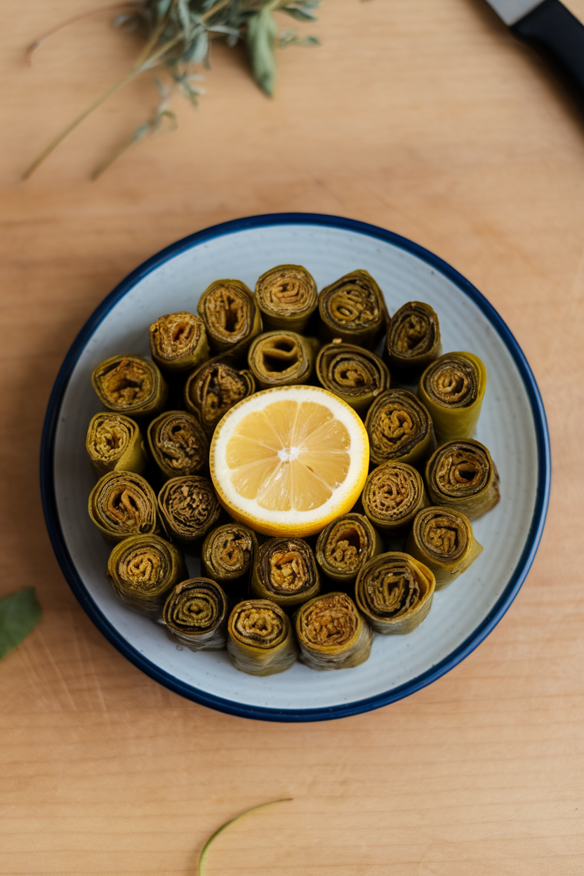 Indoor photo of neat grape-leaf rolls arranged in a circle on a small plate with lemon wedges in the center; overhead, no text or logos