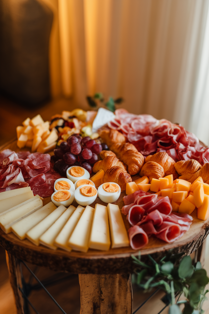 An indoor wooden board featuring sliced cheeses, cured meats, hard-boiled egg halves, mini croissants, and fresh fruit clusters, arranged artfully under warm lighting, no text or logos.