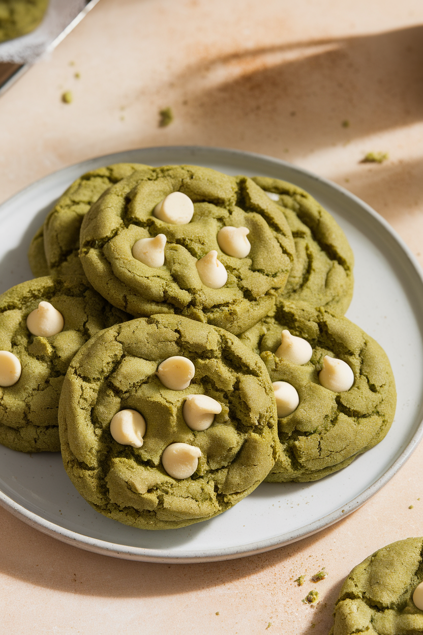 Indoor photo of green-tinted matcha cookies studded with white chocolate chips piled on a simple plate. No text or logos.