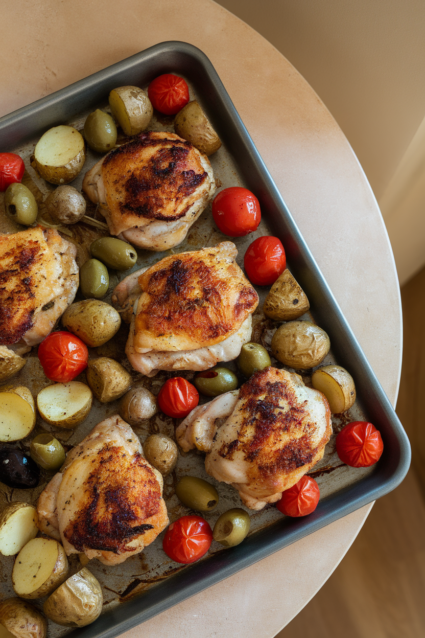 Indoor table with baked chicken thighs surrounded by roasted potatoes, olives, and cherry tomatoes on a sheet pan, overhead view. No text or logos.