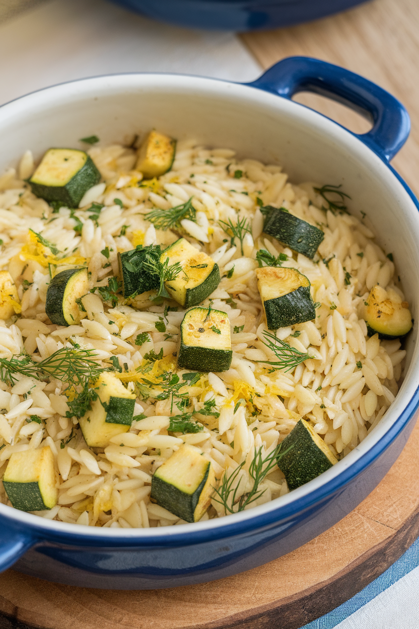 Indoor photo of a ceramic dish of orzo pasta tossed with chopped parsley, dill, and lemon zest, tiny cubes of roasted zucchini throughout. No text or logos.