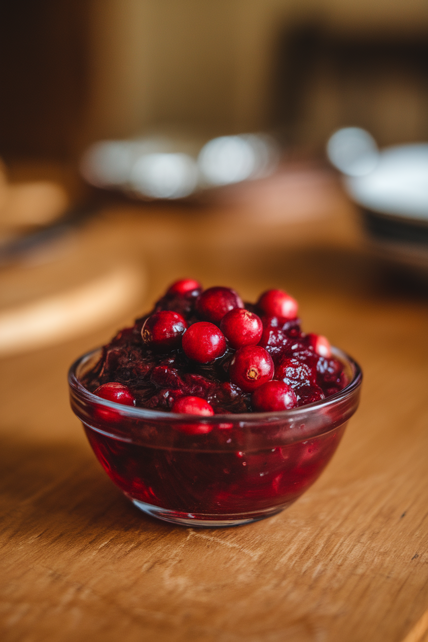 A small bowl of deep red cranberry sauce with visible whole berries, set indoors on a wooden table. No text or logos.