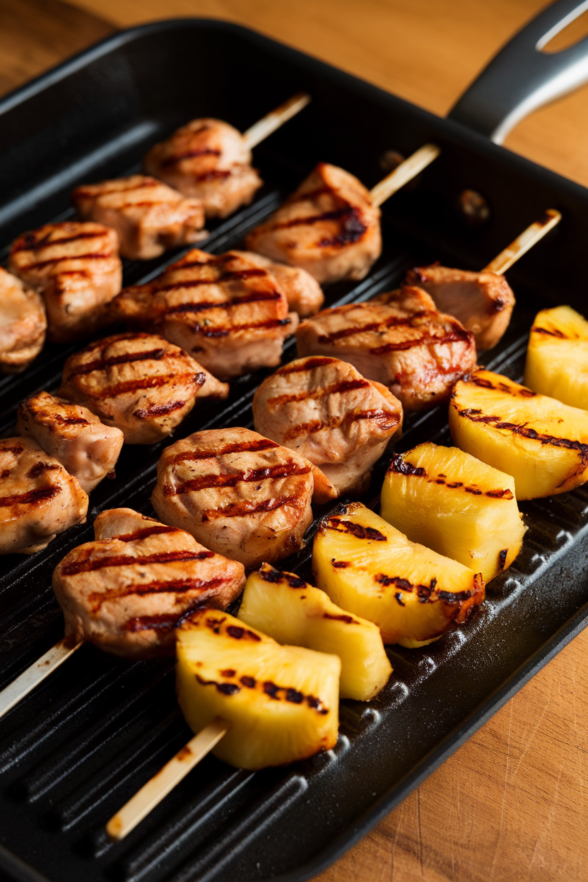 Photo of indoor grill pan with chicken and pineapple skewers, grill marks visible. No text or logos. Photo, not illustration.