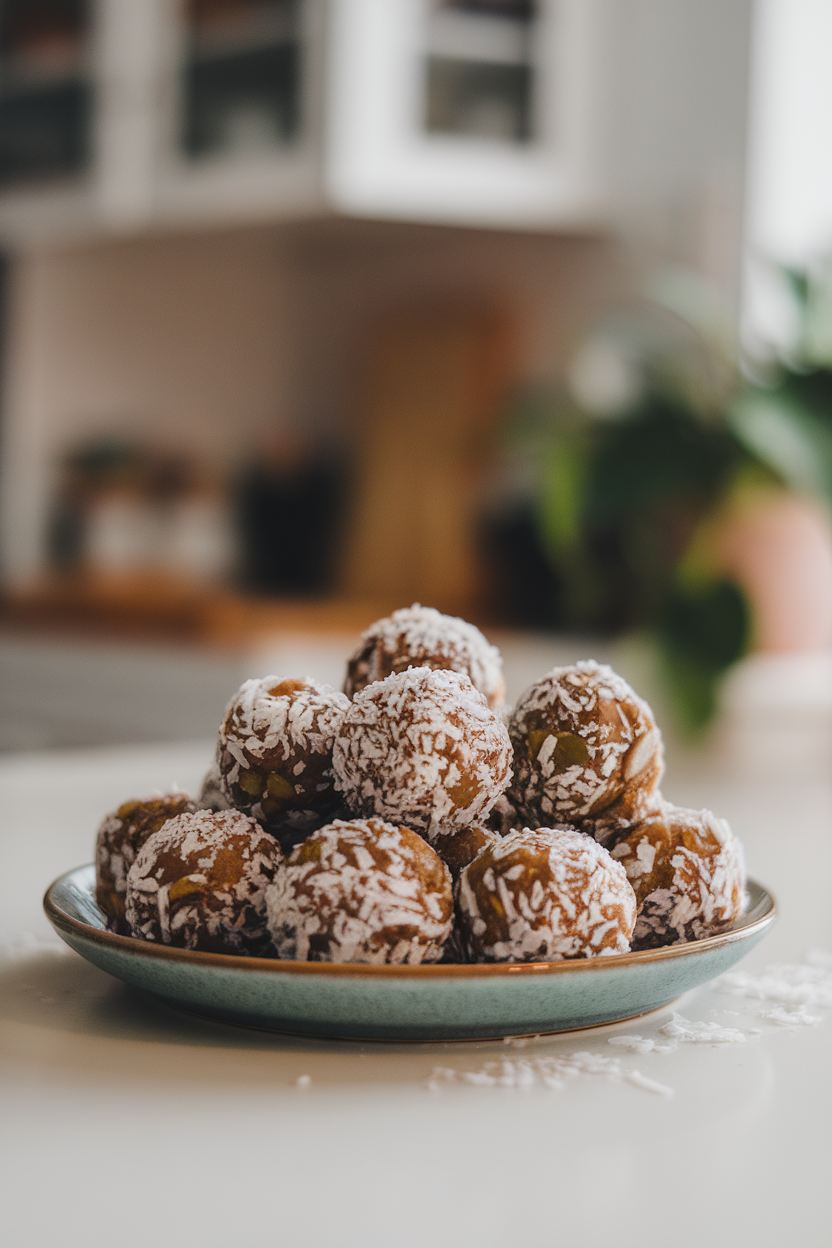 Indoor countertop showing a plate of round pumpkin seed and date energy bites rolled in shredded coconut. No text or logos visible.