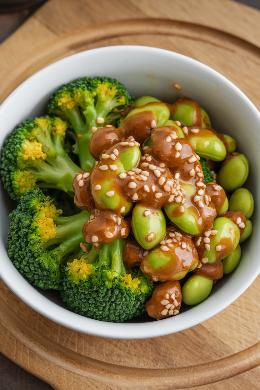 A white indoor bowl showing vibrant green broccoli florets and edamame glazed in sesame-ginger sauce, sesame seeds sprinkled over. No text or logos. Photo only.