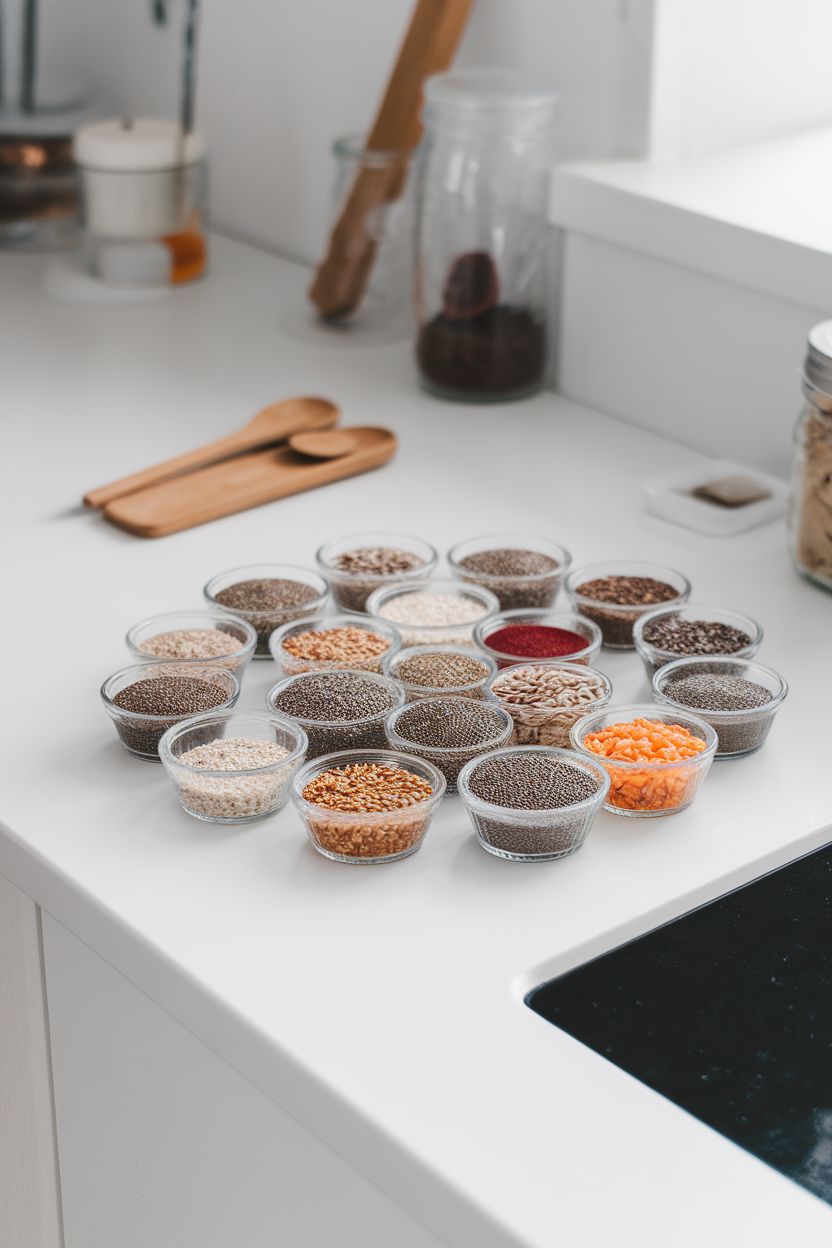 Photo of chia, flax, and sunflower seeds in tiny glass ramekins on a bright indoor countertop. No text or logos visible.