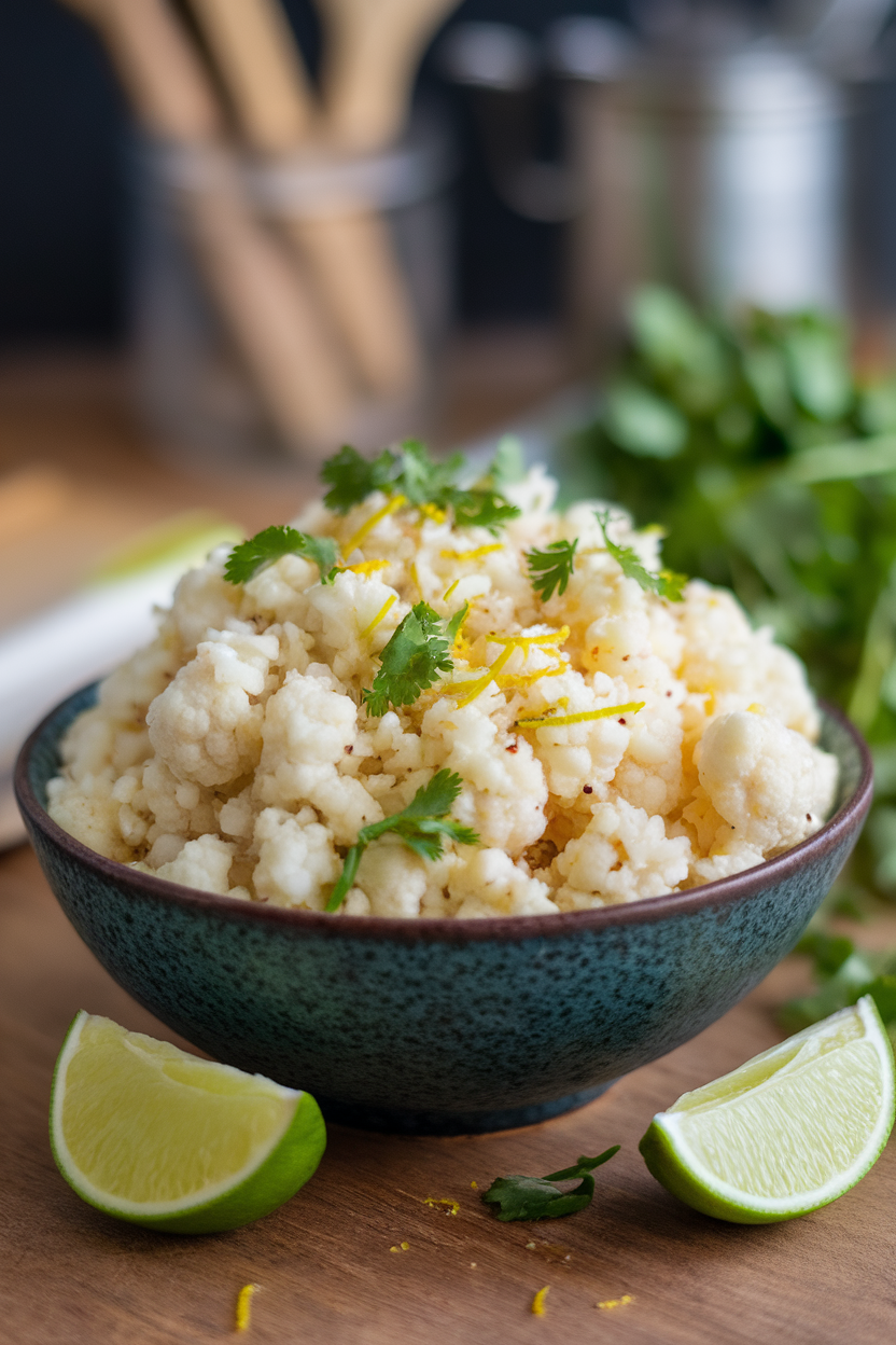 Indoor bowl of fluffy cauliflower rice flecked with chopped cilantro and lime zest. No text or logos. Photo, not illustration.