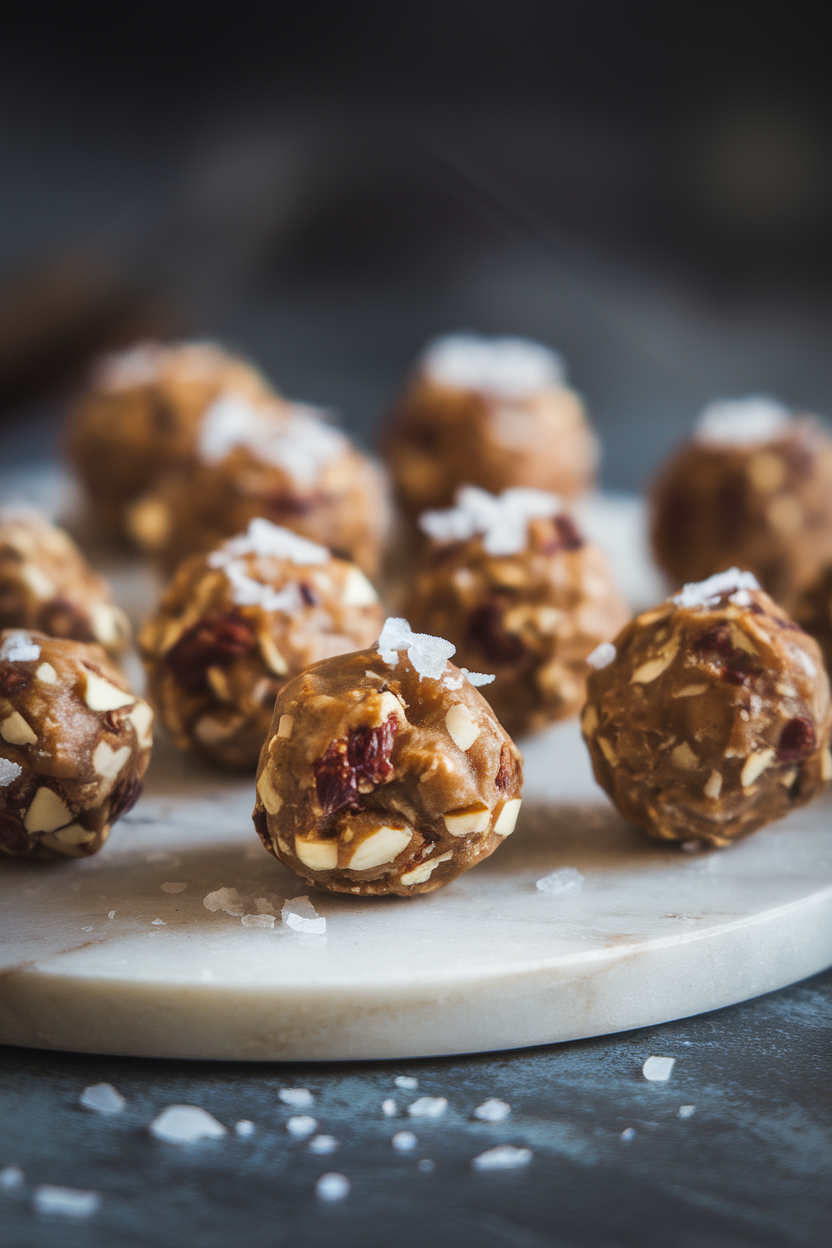 Photo of an indoor marble slab displaying caramel-colored energy balls sprinkled with flaky sea salt. No text or logos.