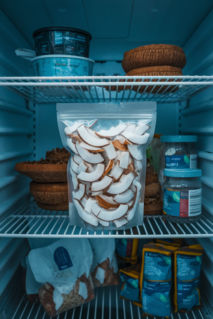 Photo, indoor refrigerator shelf with a clear bag of wide coconut flakes, cool lighting, no text or logos.