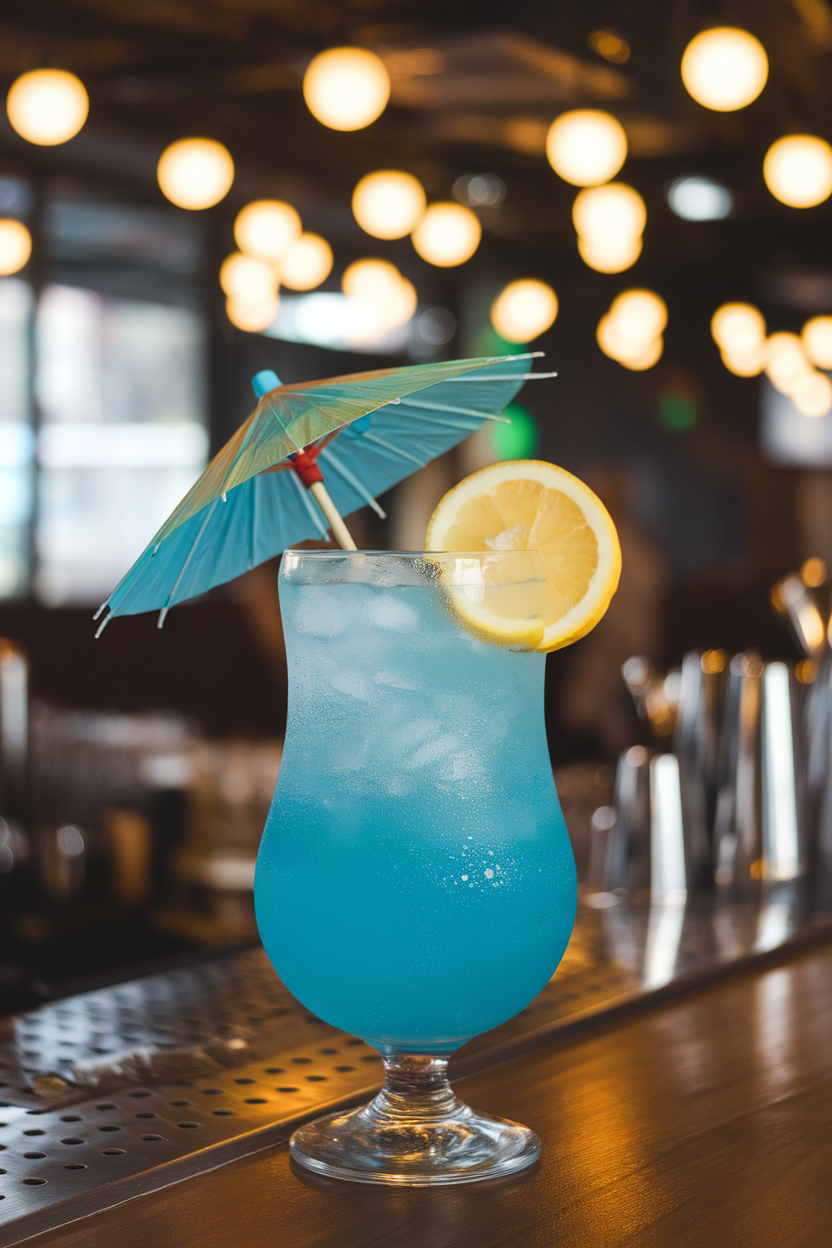 Indoor photo of hurricane glass with electric blue lemonade mocktail, lemon wheel and cocktail umbrella, crushed ice; playful bar lights; no text or logos.