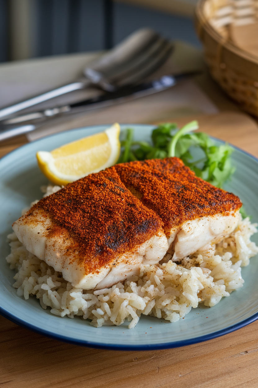 Indoor plate with blackened tilapia fillet dusted in Cajun spices, side of lemon wedge. No text or logos. Photo, not illustration.