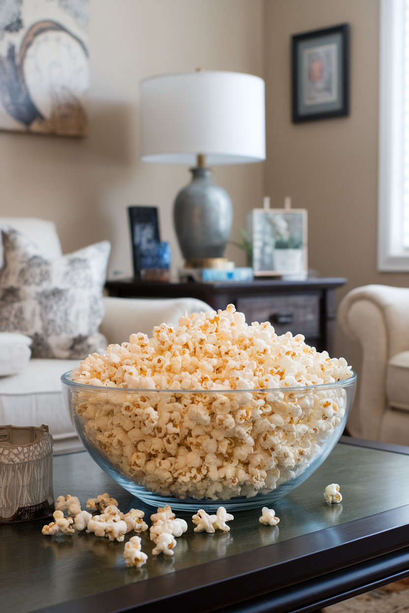 Indoor photo of a large bowl of freshly popped plain popcorn on a coffee table during family movie night, no text or logos
