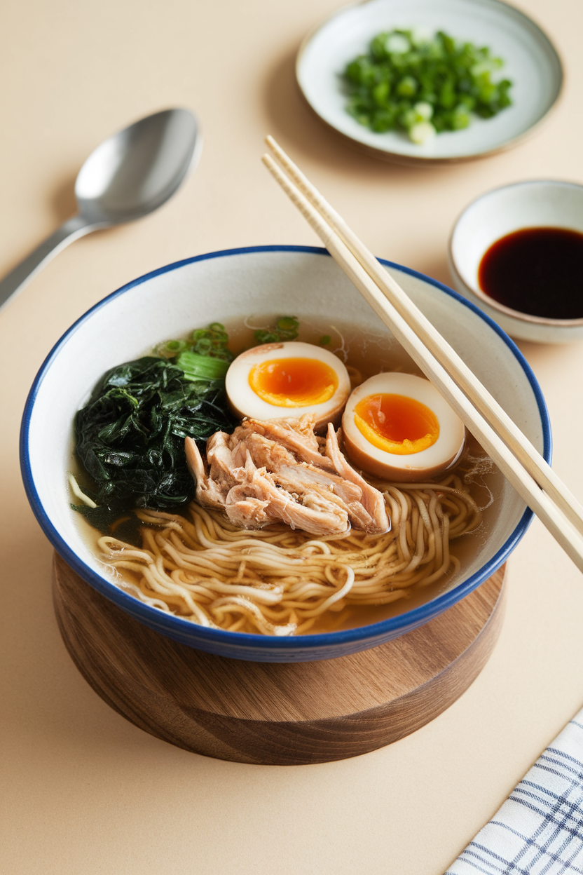 An indoor ramen bowl containing clear chicken bone broth, soba noodles, wilted spinach, shredded chicken, and a soft-boiled egg, chopsticks resting on the rim. No text or logos.