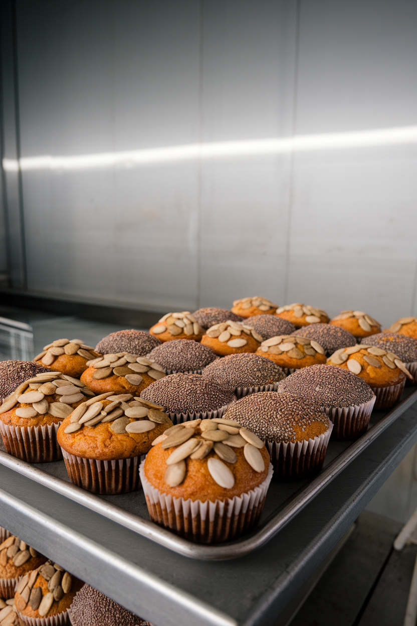 Indoor photo of seed-topped muffins featuring pumpkin, sunflower, and chia seeds, no text or logos