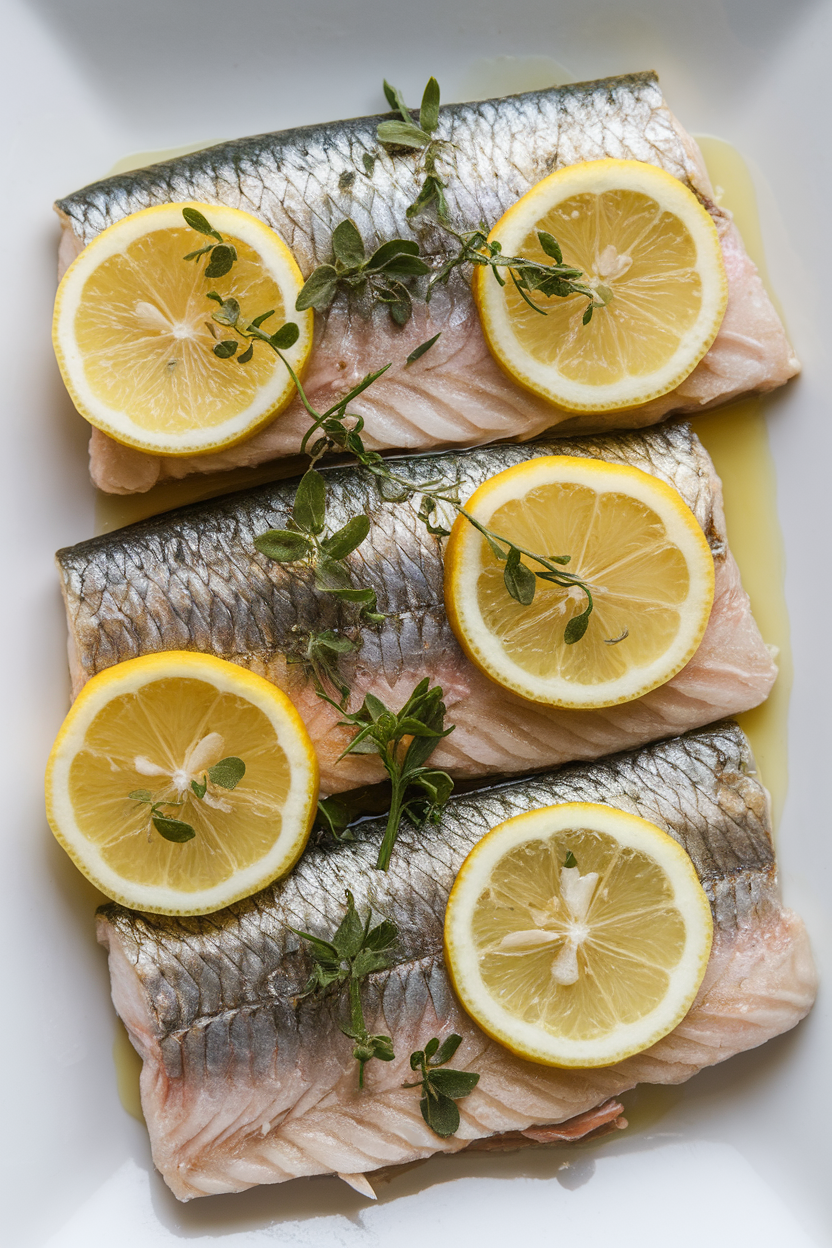 Indoor photo of cooked steelhead trout fillets with lemon slices and fresh herbs atop, flaky texture visible, no text or logos.