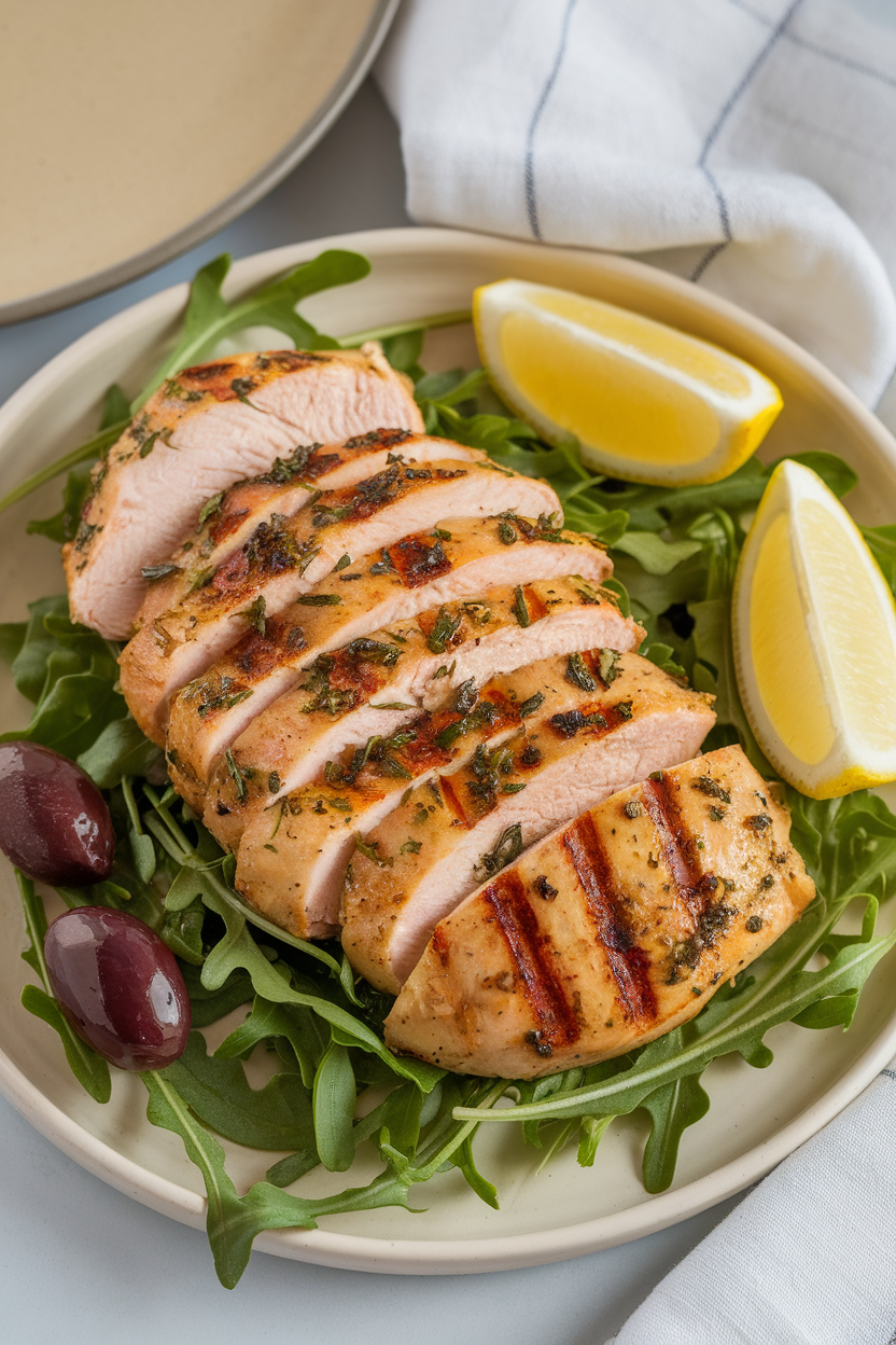 An indoor plate showcasing sliced cooked chicken breast with visible grill marks and a sprinkle of herbs, no text or logos.