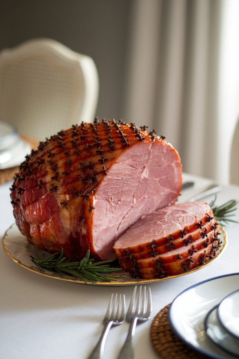 An indoor dining table holding a spiral-cut ham brushed with a glossy honey-brown sugar glaze, cloves studded across the surface, photo, no text or logos.