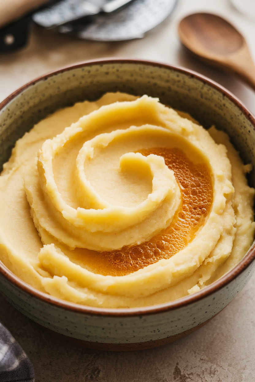 Indoor image of creamy mashed potatoes swirled in a bowl with browned butter pooling, no text or logos.