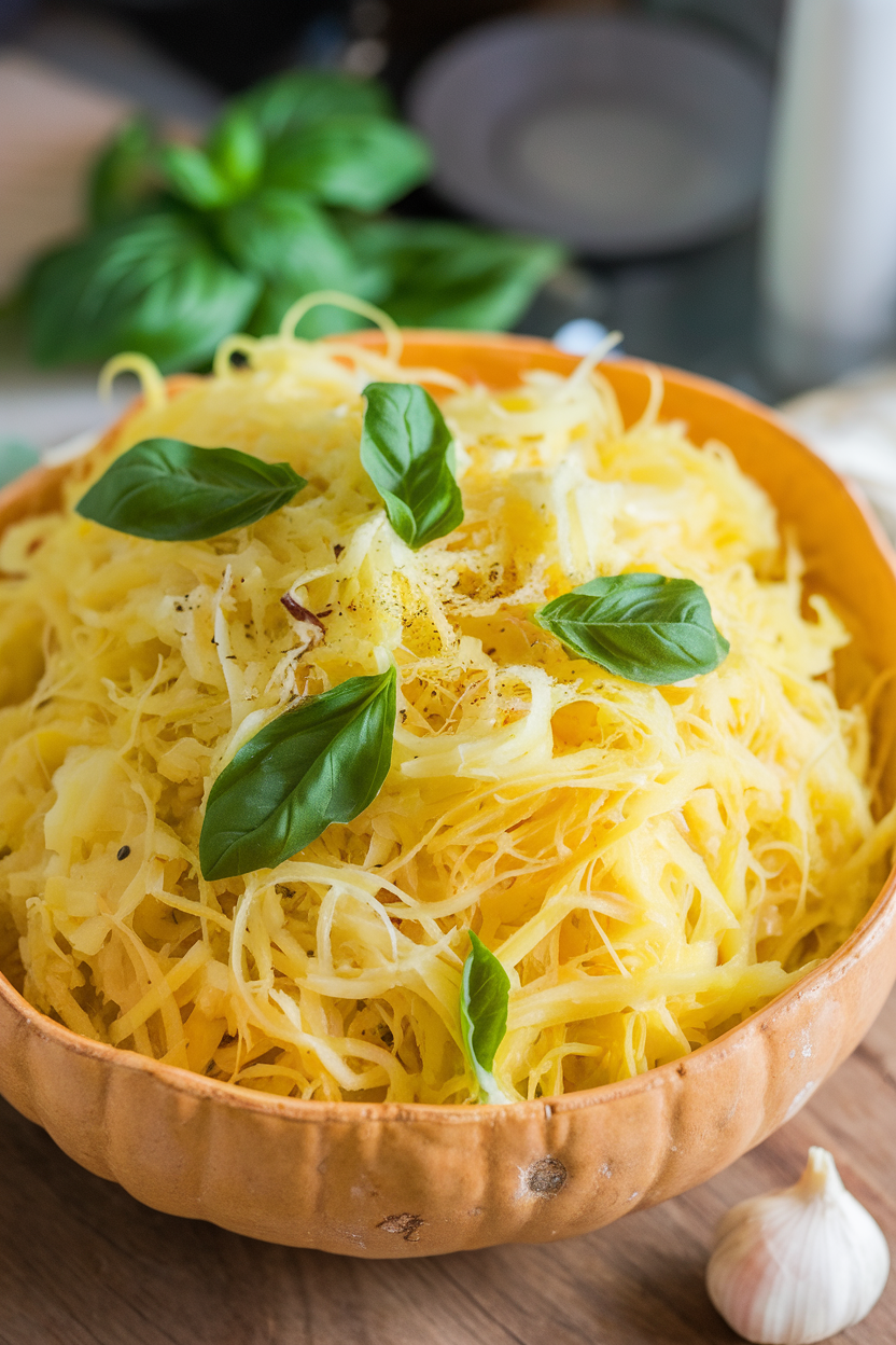 An indoor bowl filled with spaghetti squash strands tossed in olive oil, minced garlic, and fresh basil ribbons. Photo, no text or logos.