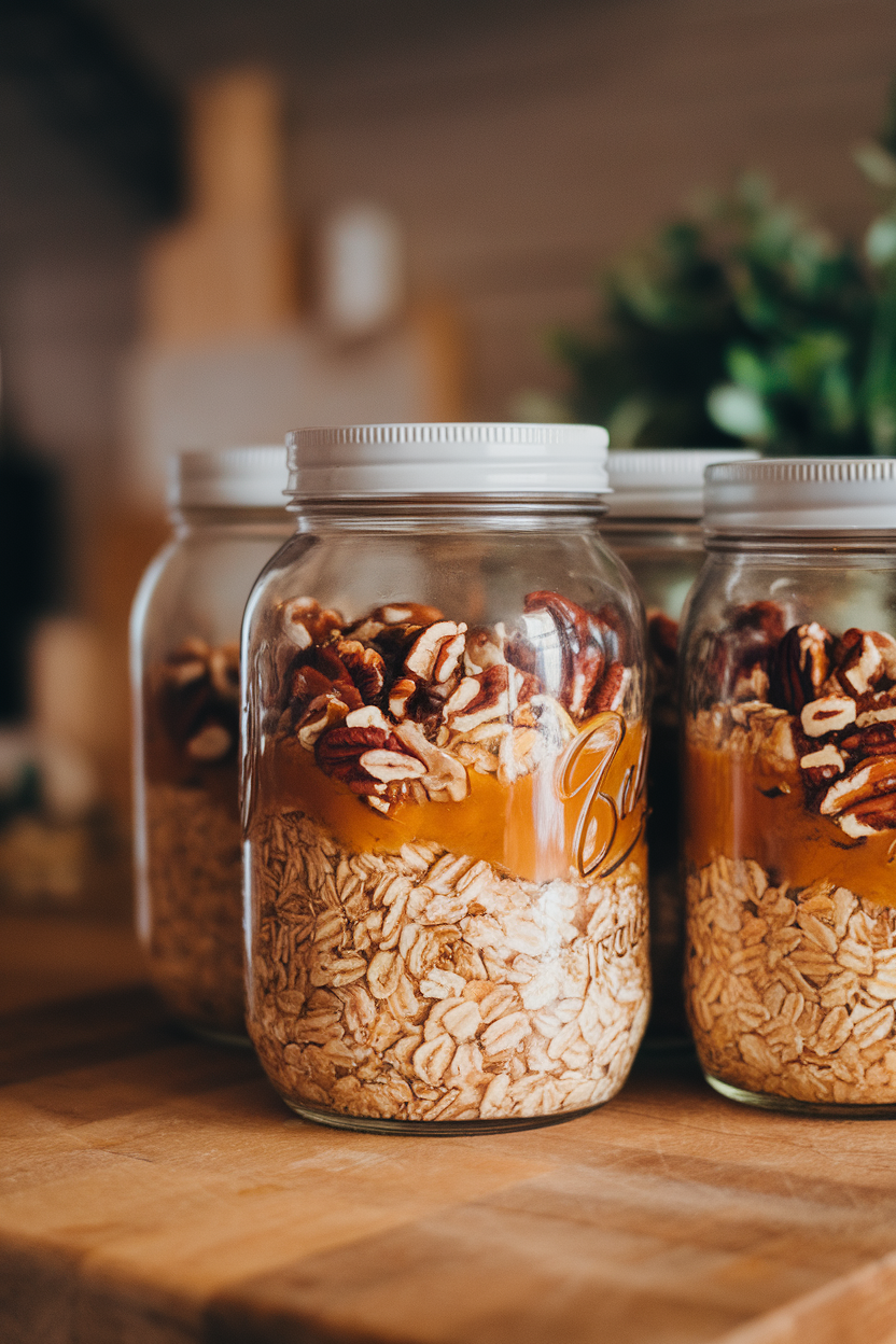 Mason jars sitting on an indoor counter filled with layers of oats, chopped pecans, and caramel-colored maple syrup. No text or logos. Photo, not illustration.