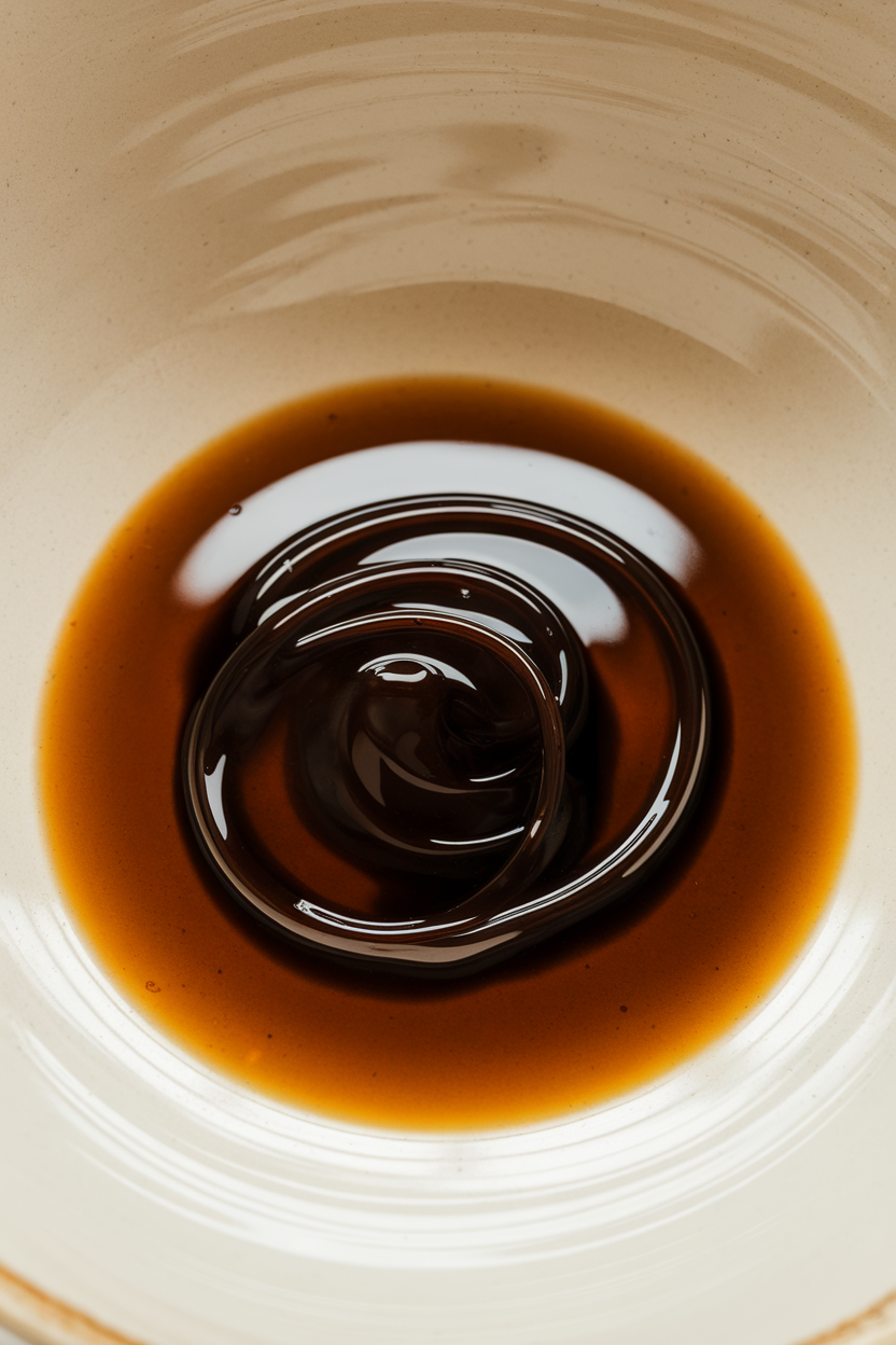 Indoor photo of thick balsamic vinegar swirling in a shallow white dish, rich brown reflections; no text or logos