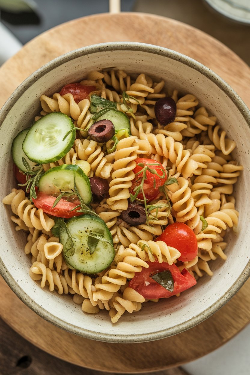 Indoor ceramic bowl of whole-wheat pasta spirals mixed with cucumbers, tomatoes, olives, and oregano vinaigrette; overhead view, no text or logos.