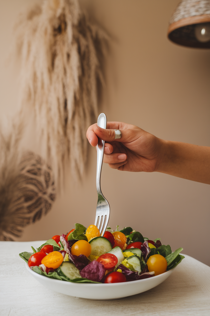 Photo of an indoor close-up showing a hand holding a fork over a colorful salad, soft focus background, no text or logos.
