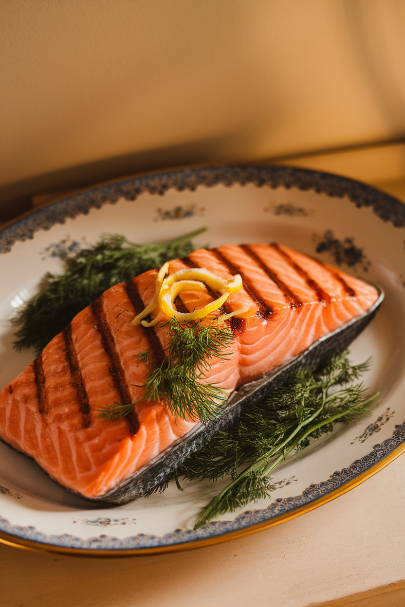 Indoor photo of a salmon fillet with grill marks topped with fresh dill and lemon zest on a porcelain platter; warm side light, no raw fish, no text or logos