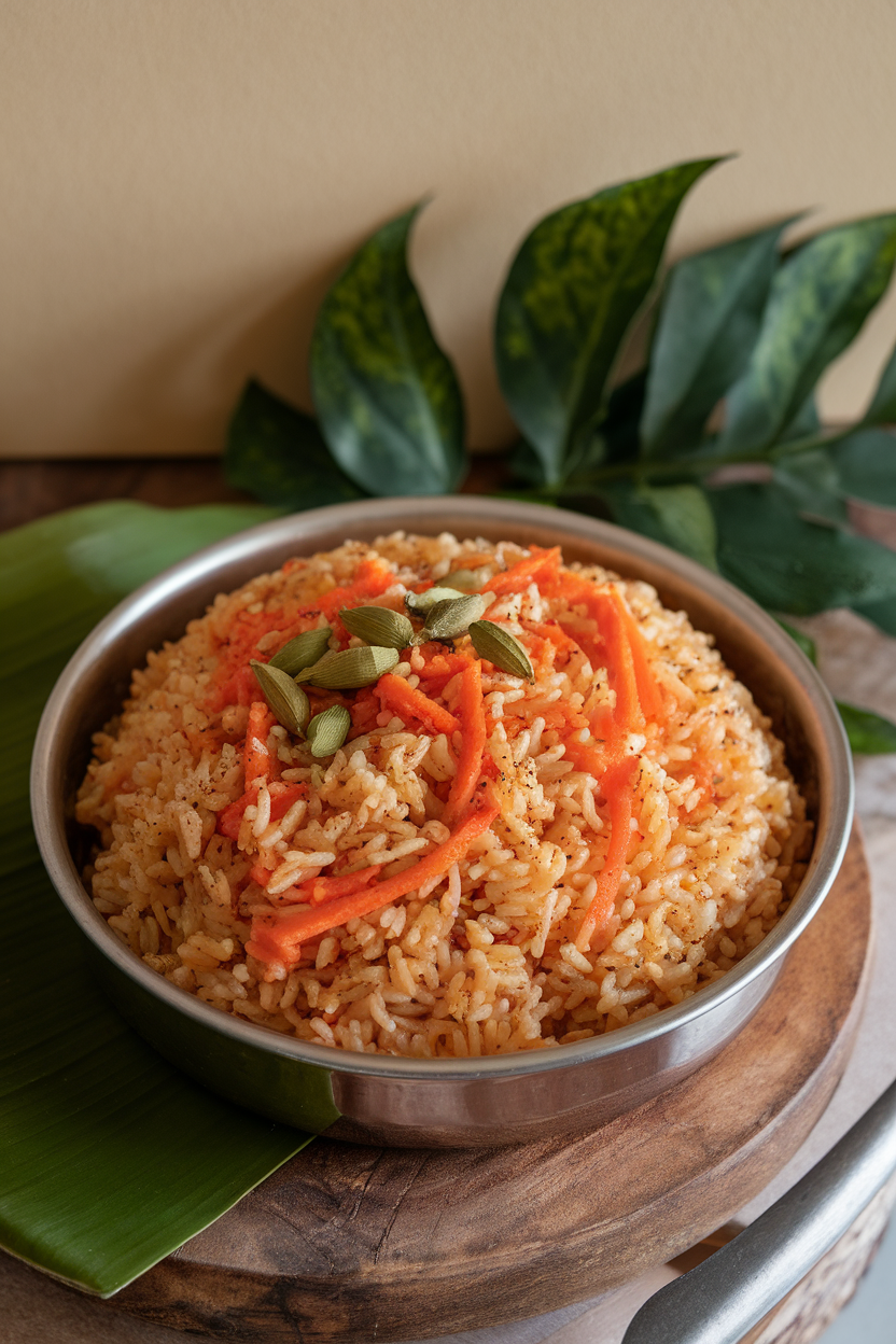 Indoor photo of golden brown rice speckled with grated carrots and cardamom pods in a serving dish, no text or logos.