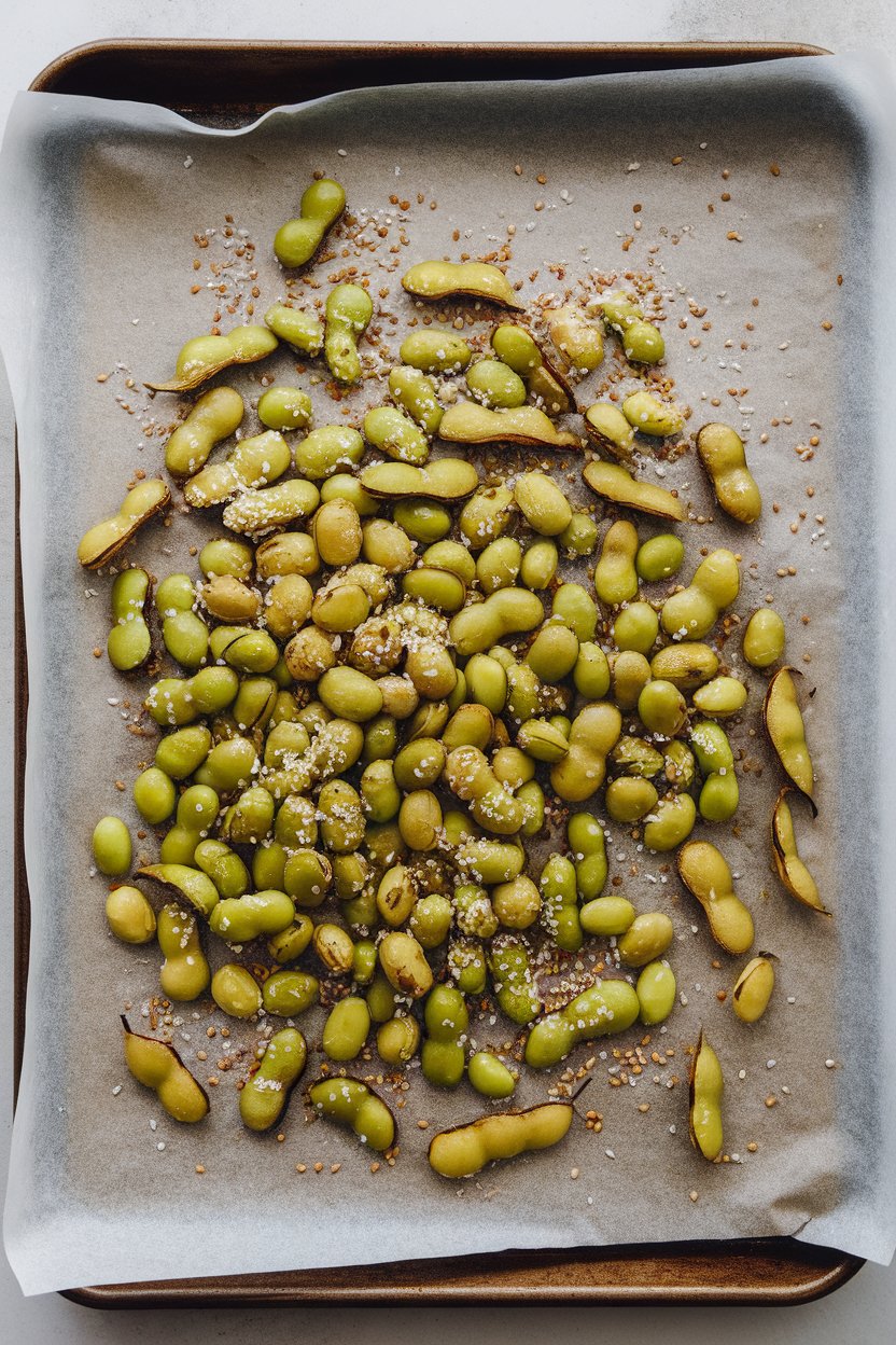 A parchment-lined baking sheet indoors with roasted edamame sprinkled with sea salt and sesame seeds. No text or logos. Photo.