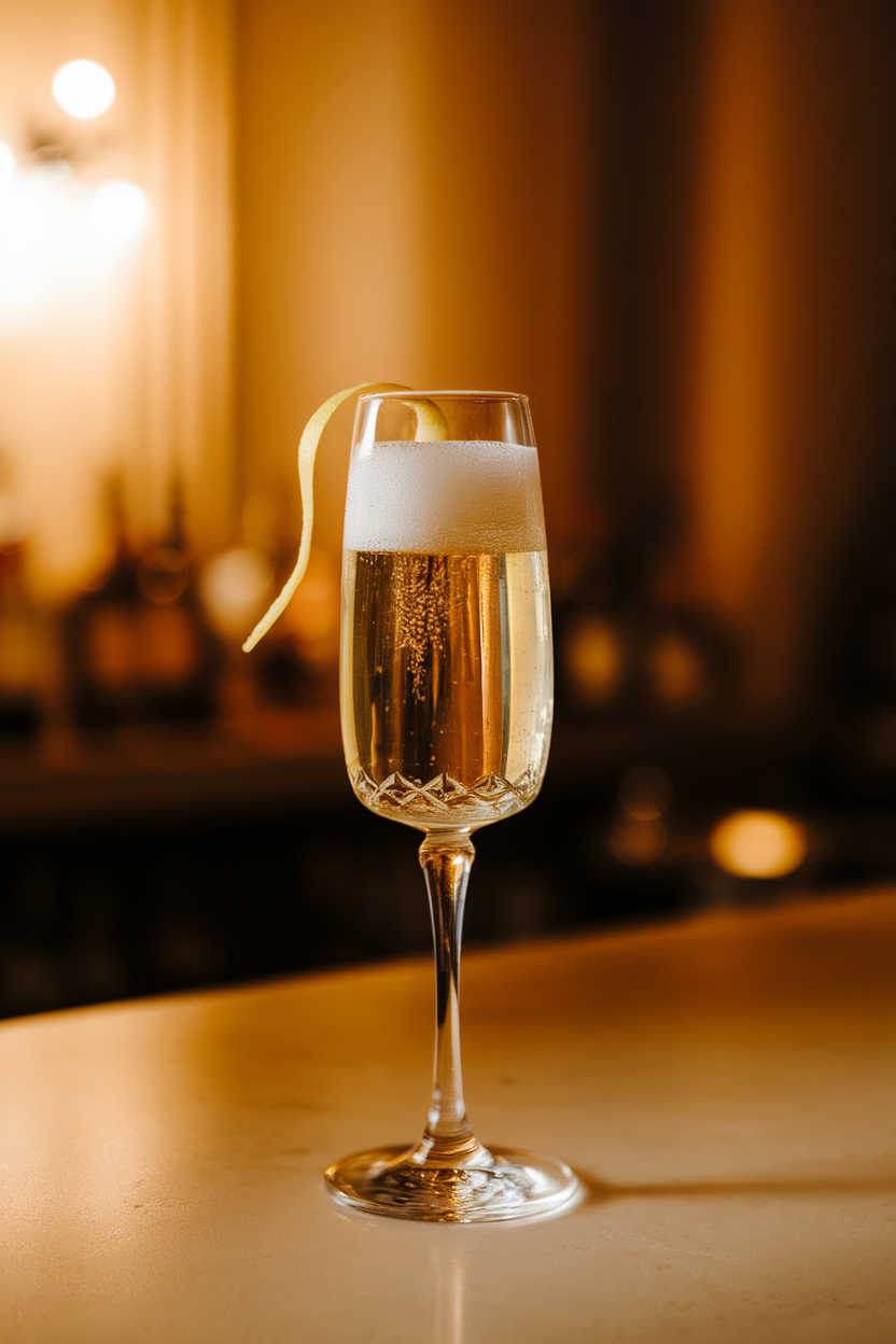 A warmly lit indoor bar top with a single crystal flute of champagne, a sugar cube settled at the bottom and a thin lemon twist floating on the surface. Photo, not illustration. No text or logos anywhere in the scene.