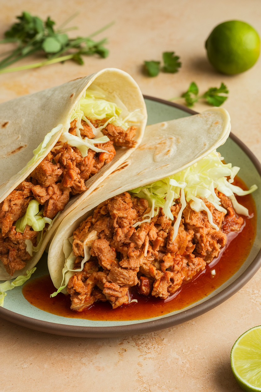 Photo of tortillas filled with ground turkey and shredded cabbage in spicy peanut sauce, indoor scene, no text or logos.