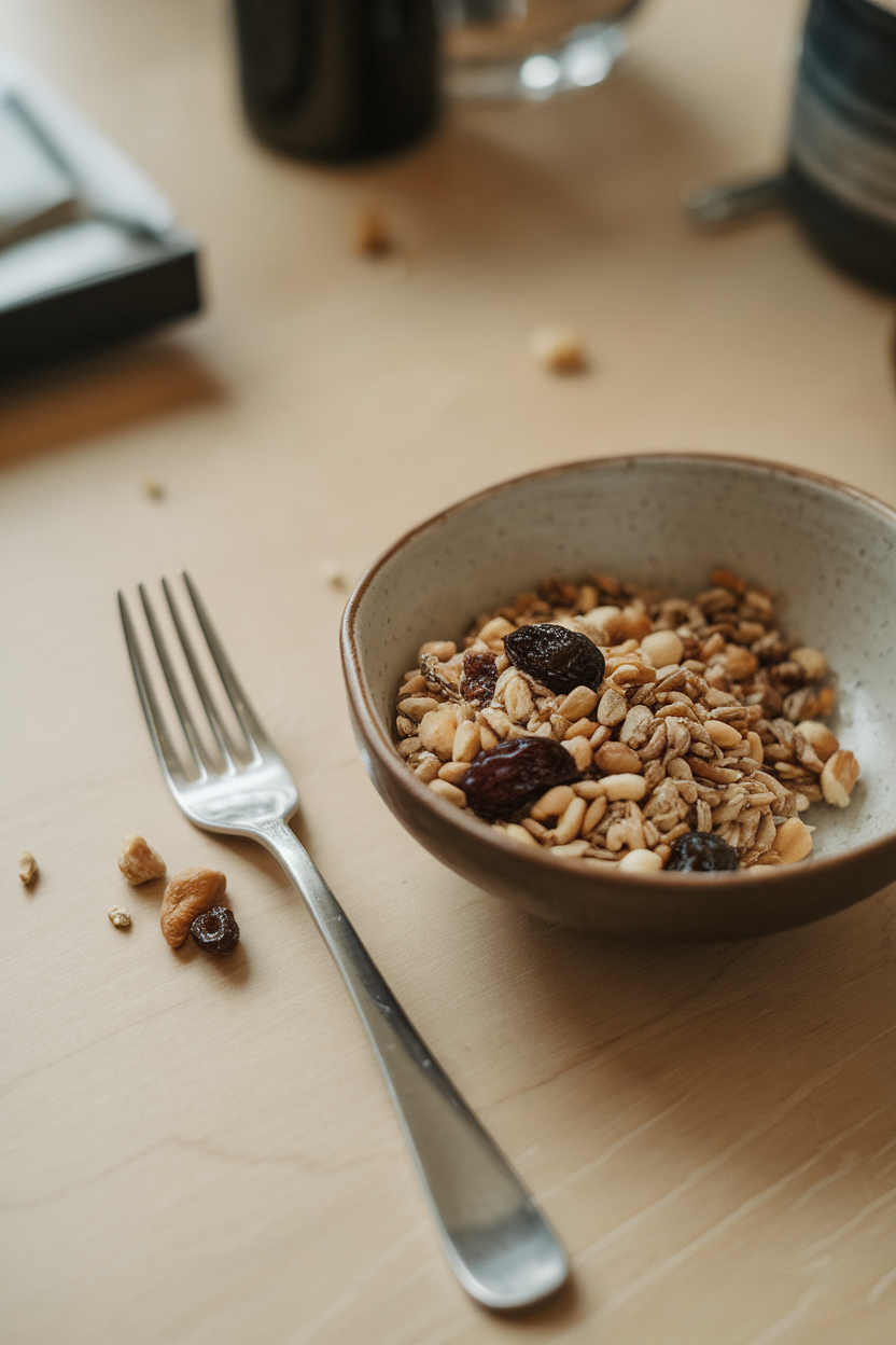 An indoor dining table with a single place setting, fork resting between bites beside a half-eaten grain bowl, no visible text.