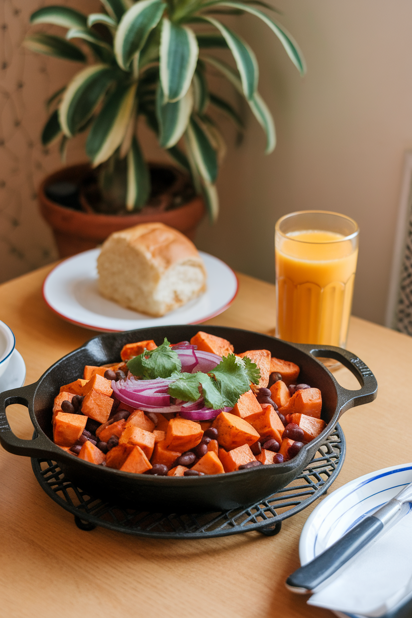 Indoor breakfast table with a cast-iron skillet of diced roasted sweet potatoes, black beans, red onion, and cilantro. Warm light, no logos or text; photo, not illustration.