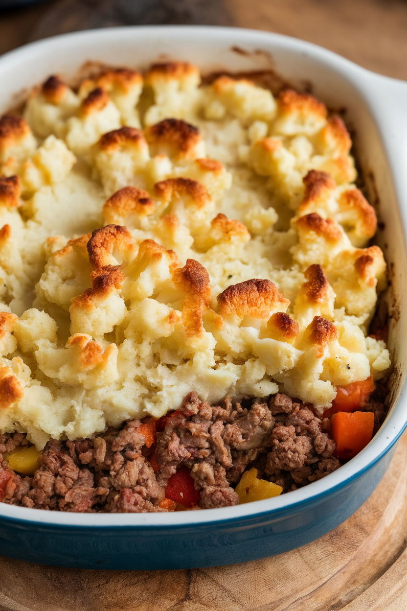 Indoor casserole dish with golden mashed cauliflower topping over savory ground beef and vegetables—no text or logos.