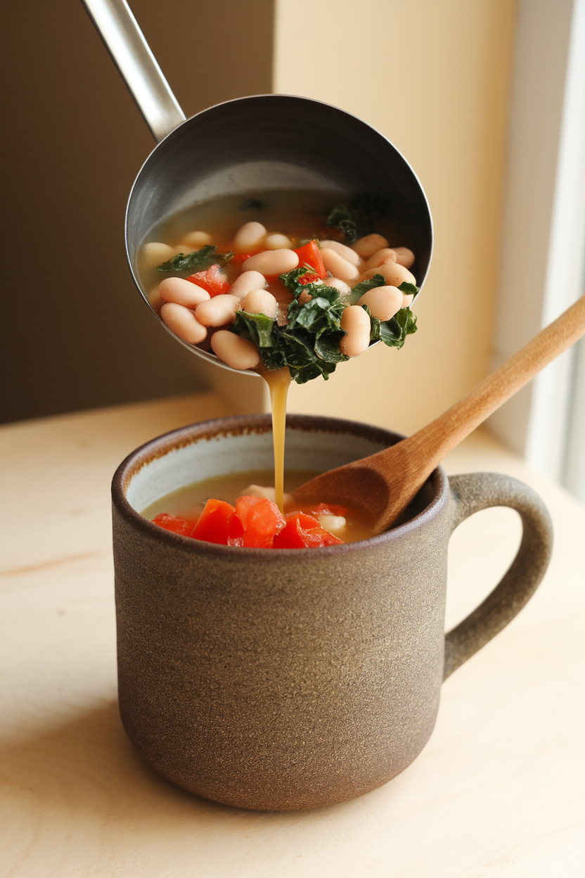 Indoor photo of a ladle pouring brothy soup full of white beans, chopped kale, and diced tomatoes into a stoneware mug. No text or logos.