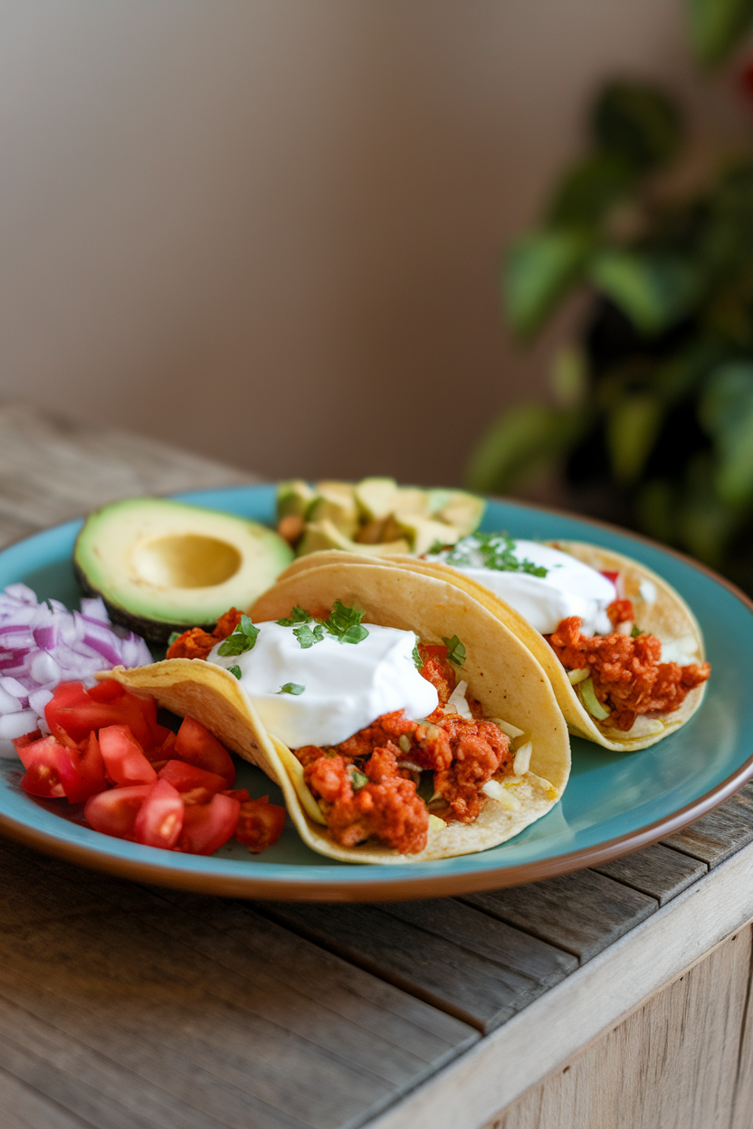 Tacos topped with dollops of plain Greek yogurt in place of sour cream on a dinner plate indoors; no text or logos; photo