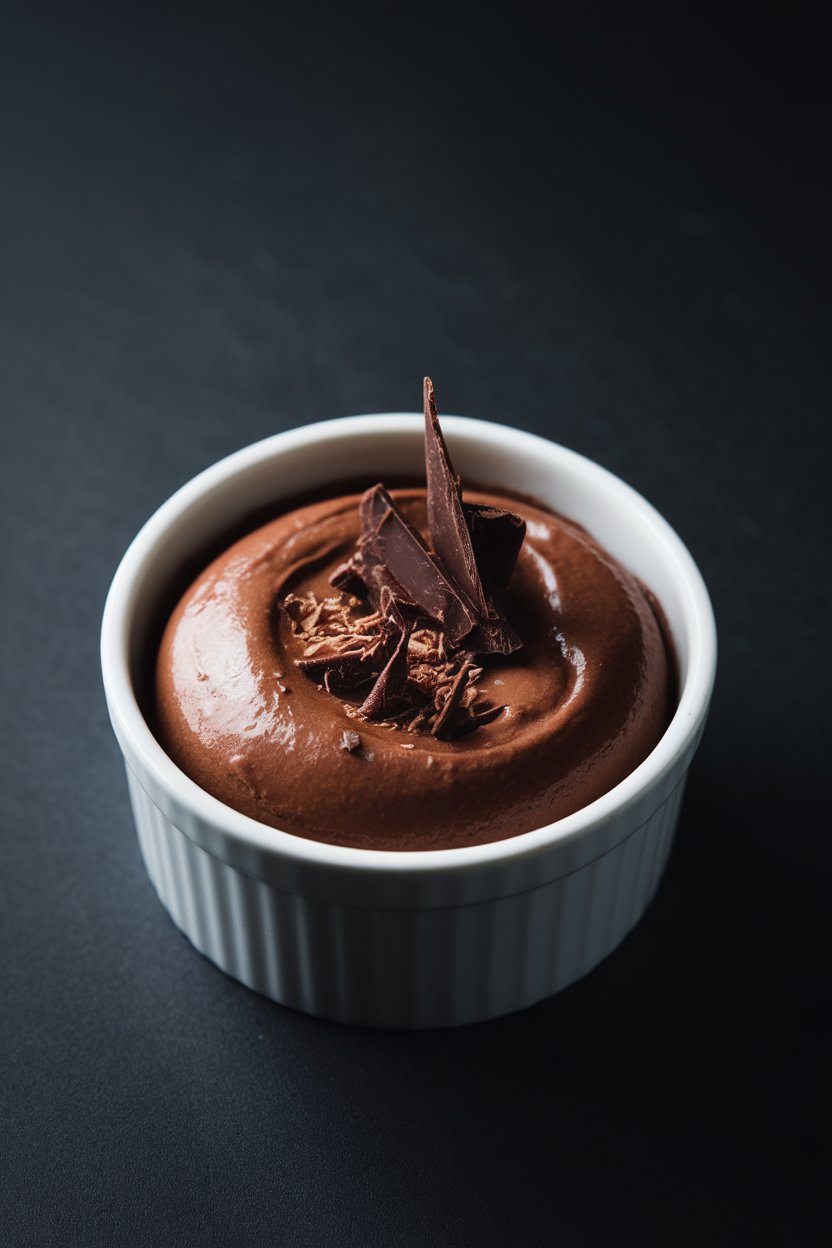 Indoor ramekin of silky chocolate mousse with shaved chocolate garnish; moody lighting, no text or logos.
