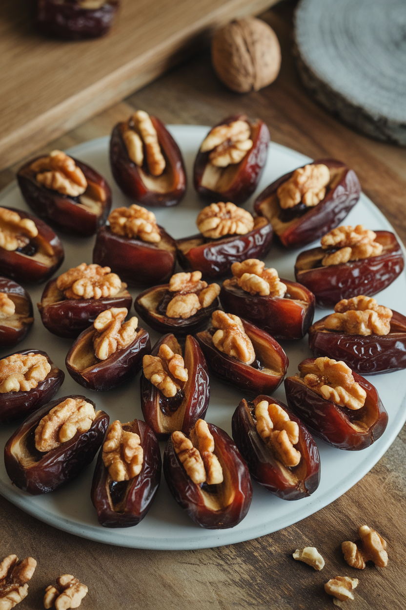 An indoor platter of Medjool dates split open and filled with fig jam and walnut pieces—no text or logos; photo, not illustration