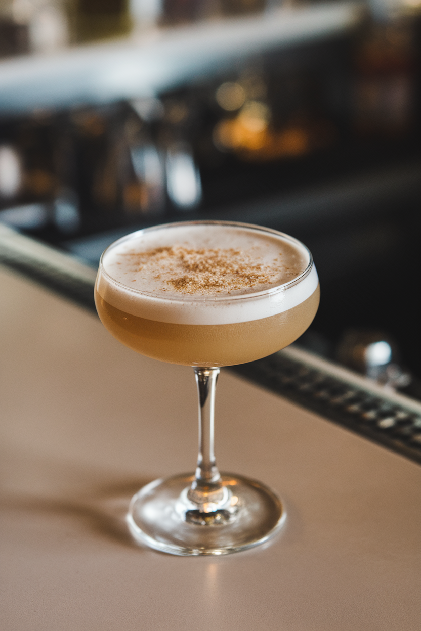 Indoor bar counter with a stemmed coupe of frothy pale-tan cocktail, dusted lightly with grated nutmeg. No text or logos; photograph, not illustration.
