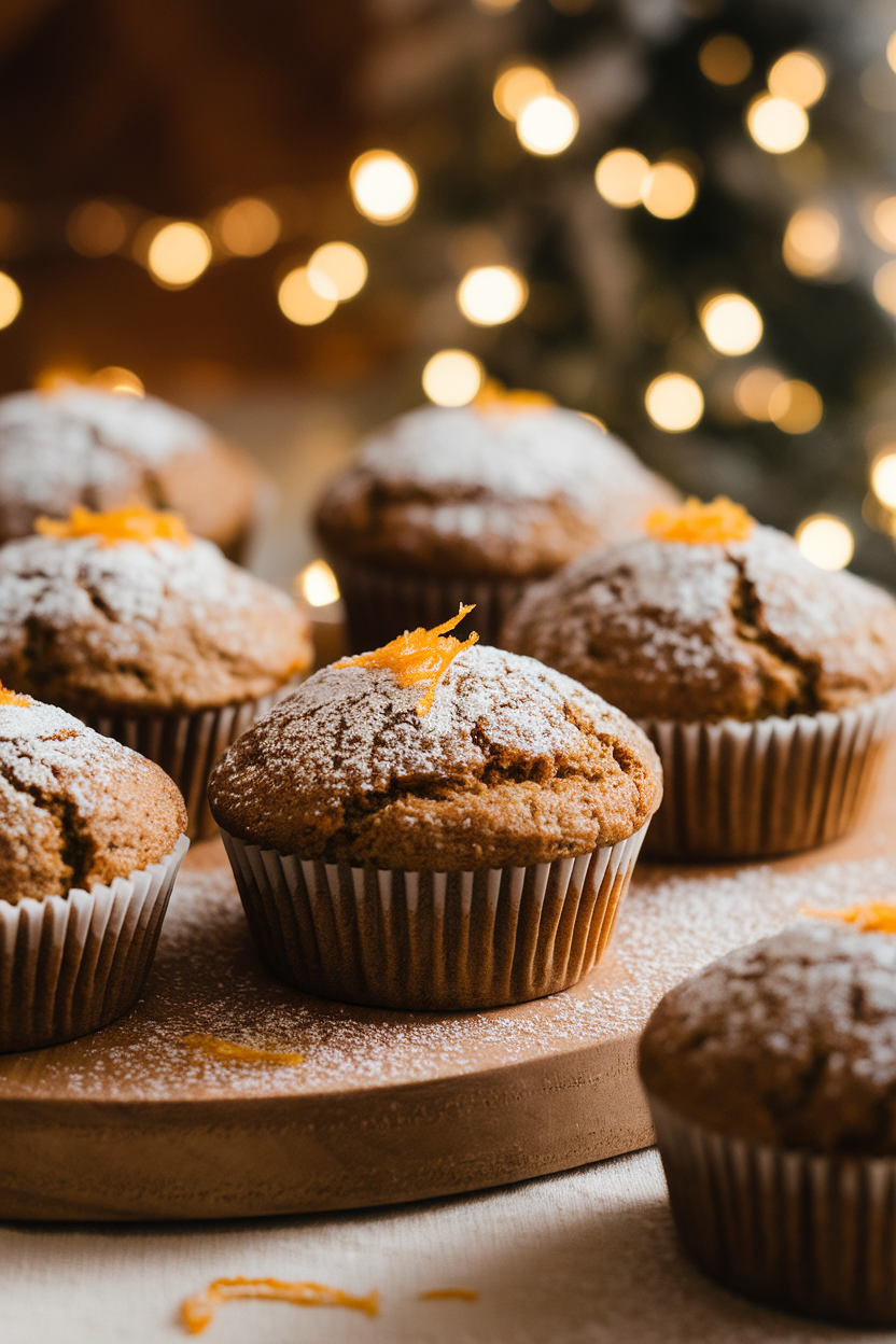 Indoor photo of gingerbread muffins dusted lightly with powdered coconut sugar, soft holiday lighting, no text or logos
