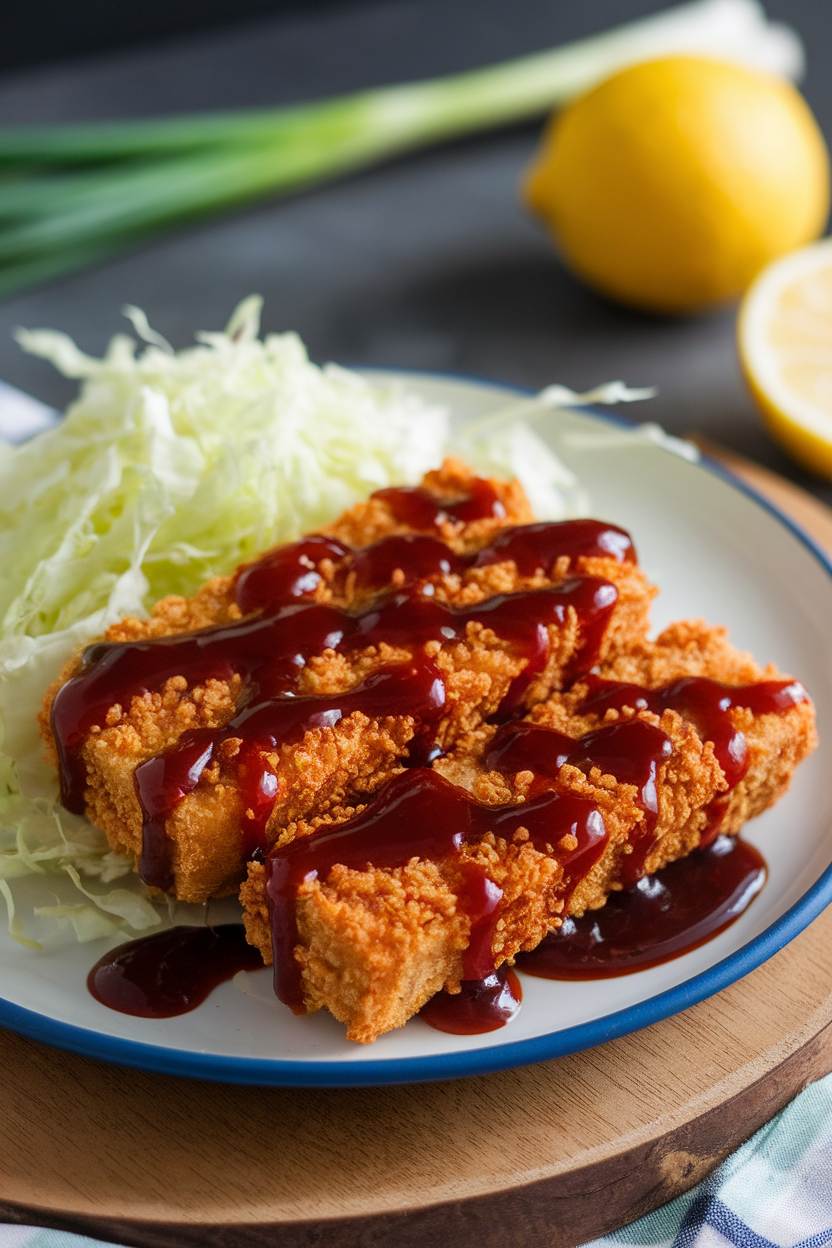 Indoor plate of crispy panko-coated tofu cutlets drizzled with thick tonkatsu sauce, served alongside shredded cabbage. Photo only, no text or branding.
