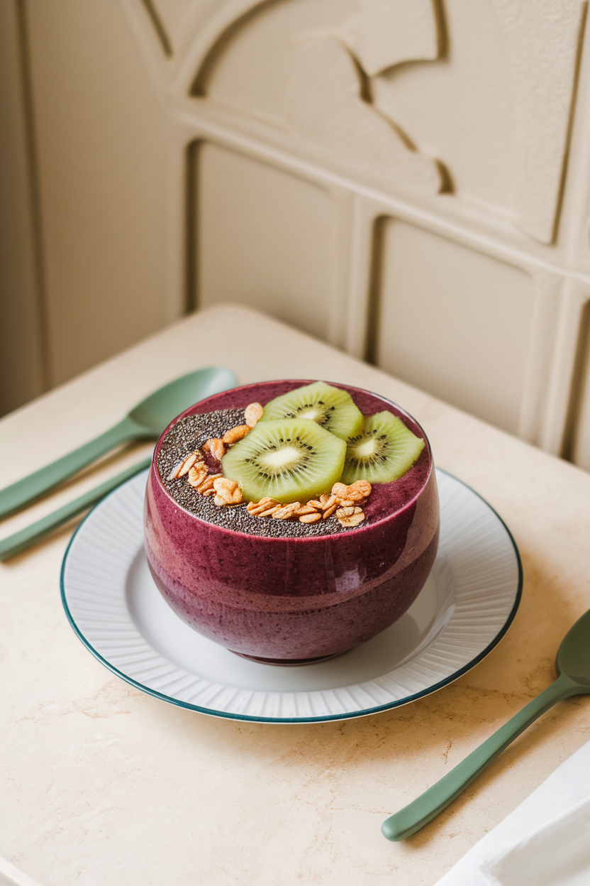 Thick smoothie bowl topped with sliced kiwi, chia seeds, and granola on an indoor breakfast table, no text or logos.