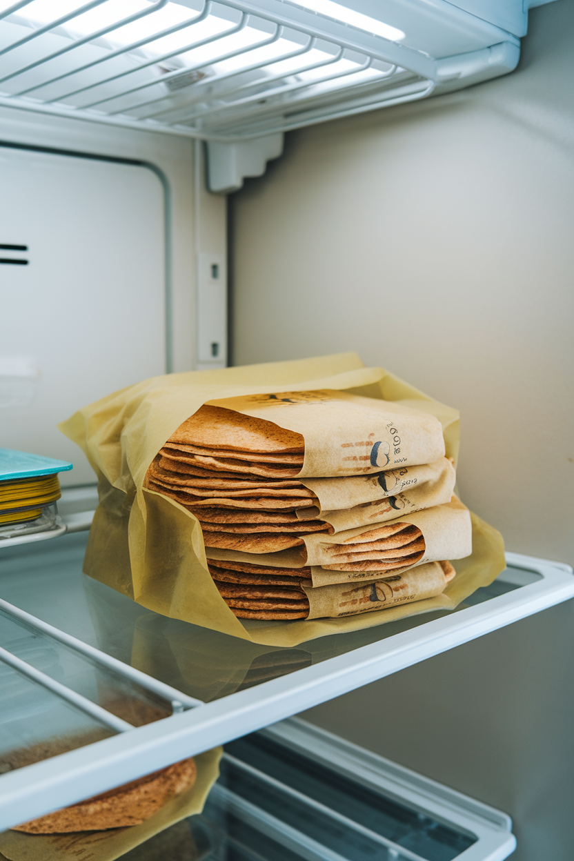 Photo, indoor fridge shelf with a stack of whole-wheat tortillas wrapped in beeswax wrap, cool lighting, no logos.