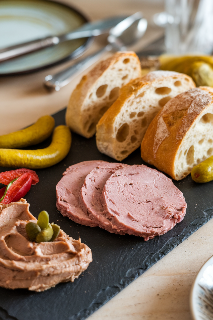 Indoor gourmet spread with a slate board featuring duck liver mousse, country pork terrine slices, cornichons, and baguette rounds; no text or logos.