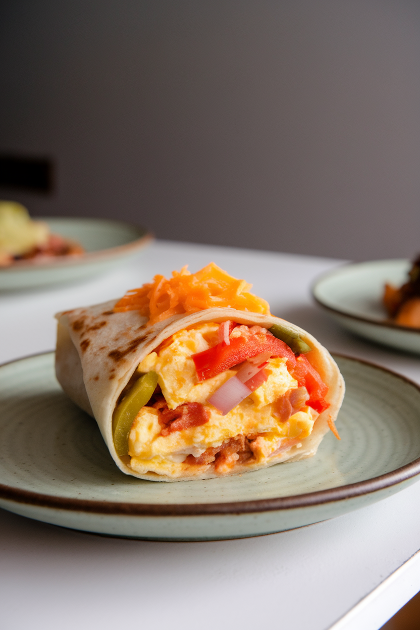 A cross-section of a compact breakfast burrito on an indoor plate, showing scrambled eggs, peppers, onions, and a sprinkle of cheese. No text or logos.