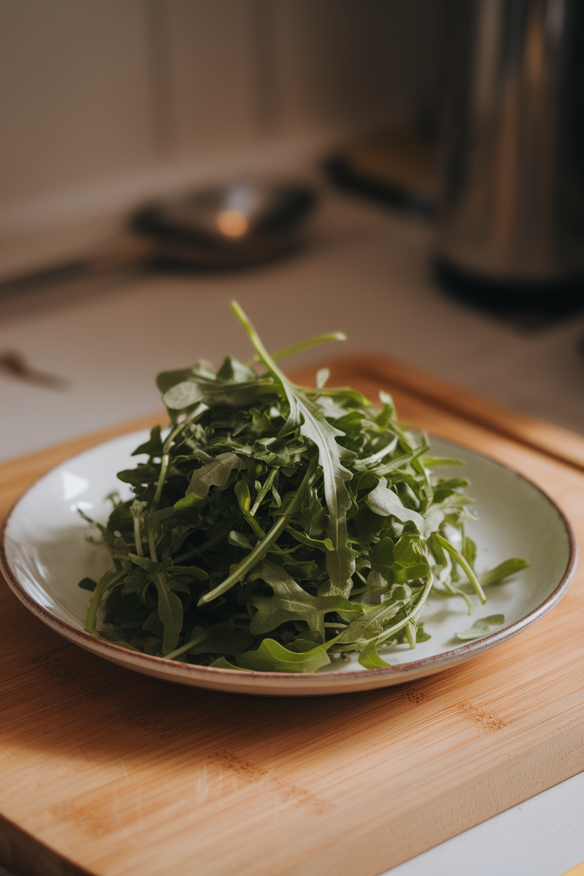 A white ceramic plate indoors with a loose mound of fresh arugula drizzled lightly with olive oil; soft evening light; no text or logos. Photo.